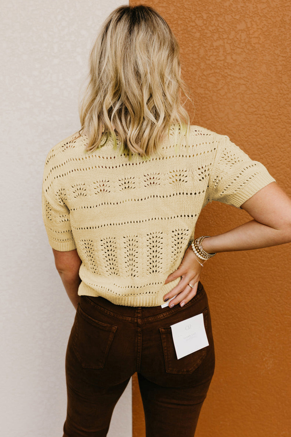 Beige Knitted Hollow out Short Sleeve Crop Sweater - LA Grand