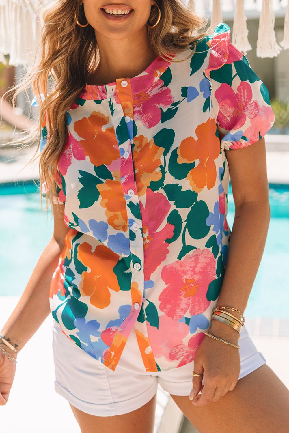 Multicolor Floral Print Ruffle Trim Puff Sleeve Shirt - LA Grand