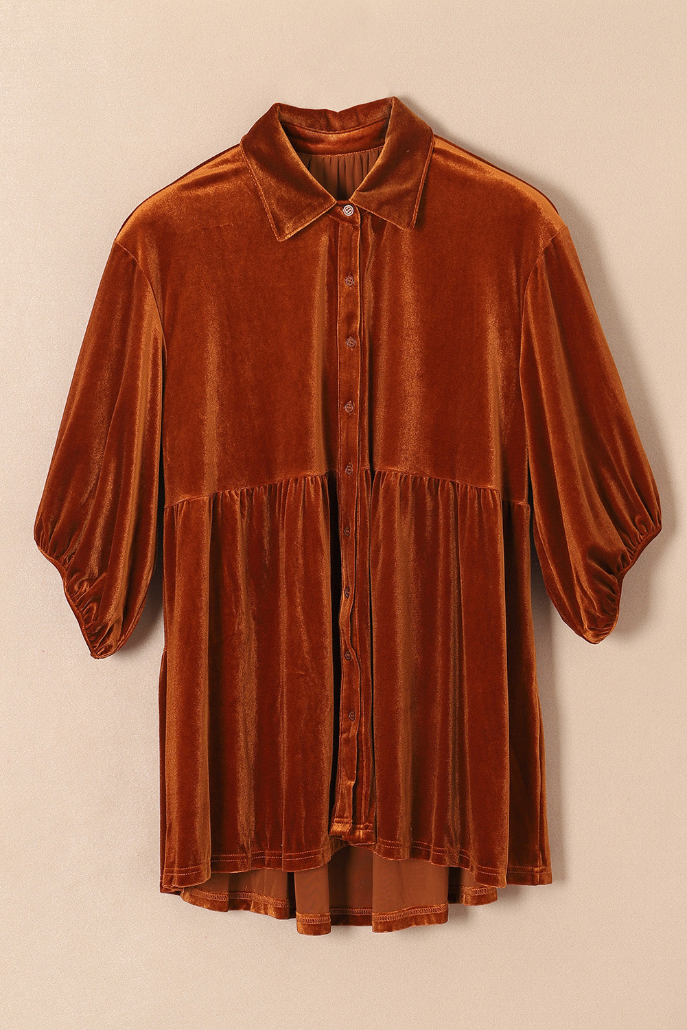 Chestnut 3/4 Sleeve Tunic Babydoll Velvet Shirt - LA Grand