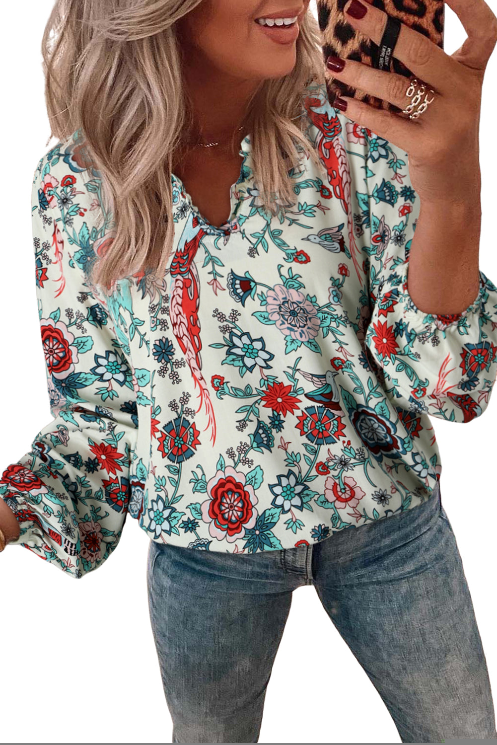 Apricot Floral Frilled V Neck Long Sleeve Blouse - LA Grand