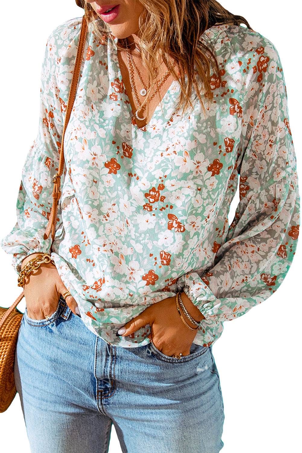 White Floral Print V Neck Long Puff Sleeve Top - LA Grand