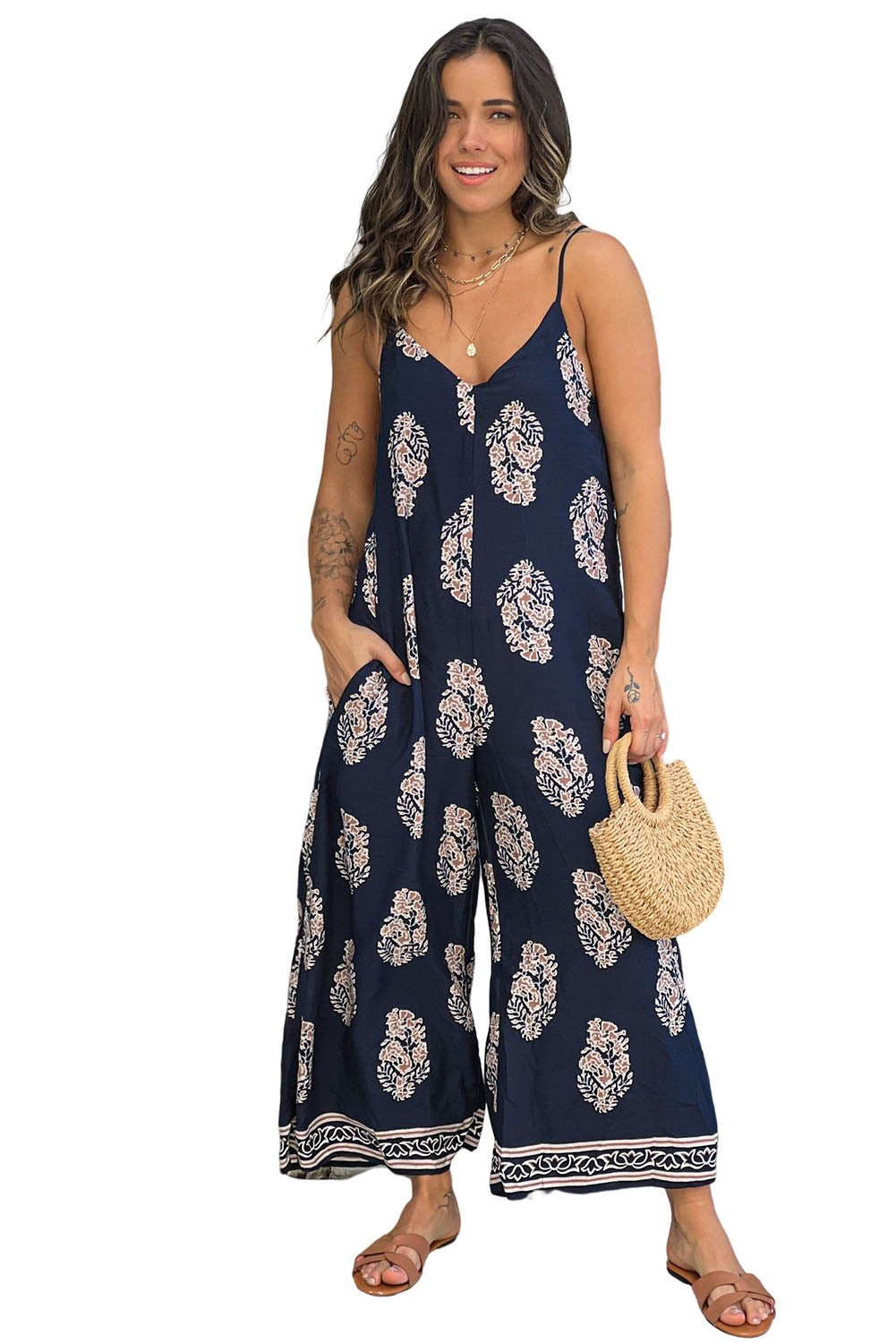 Blue Vintage Printed Spaghetti Strap Wide Leg Jumpsuit - LA Grand