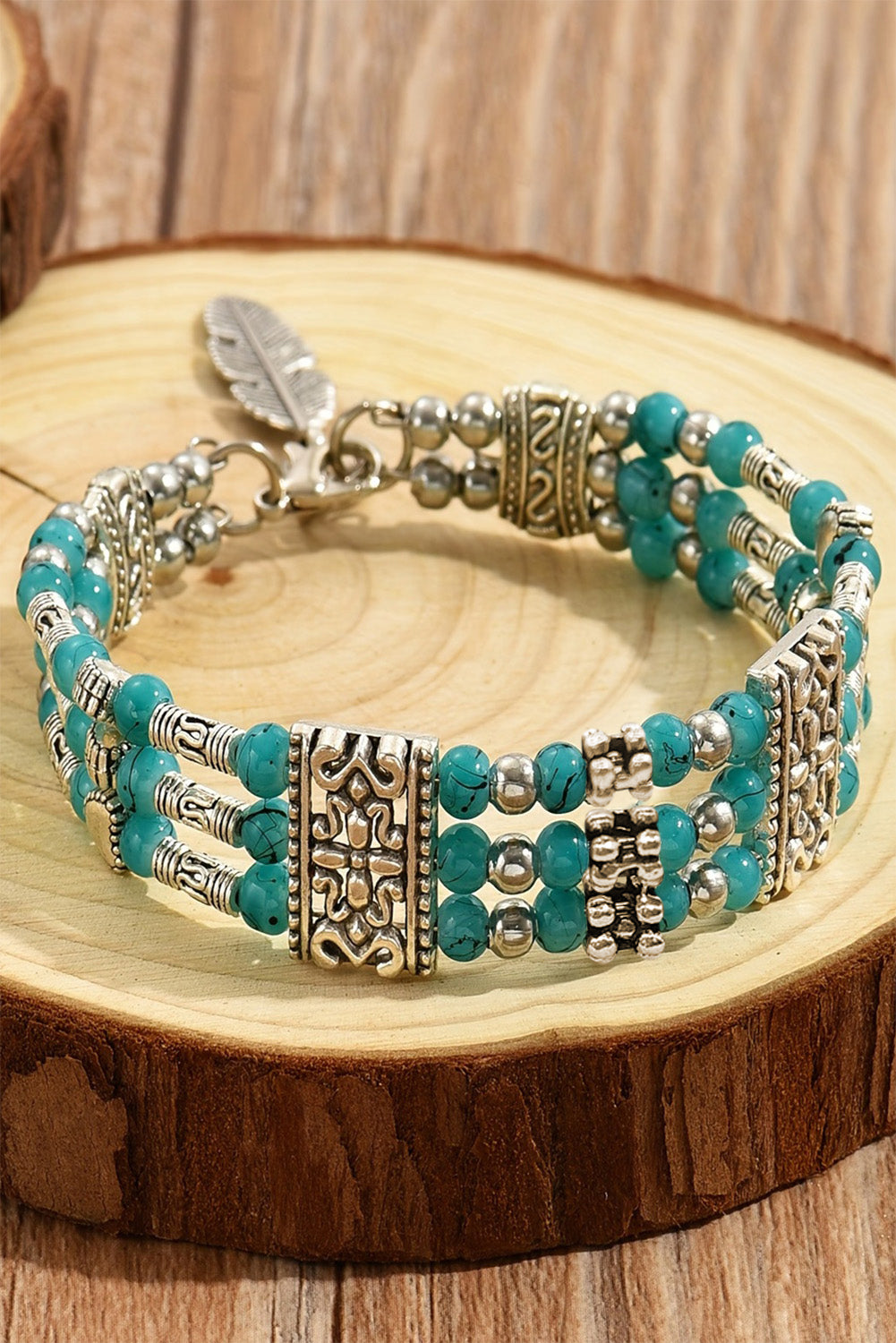 Green Boho Turquoise Beaded Geometric Carved Feather Bracelet - LA Grand