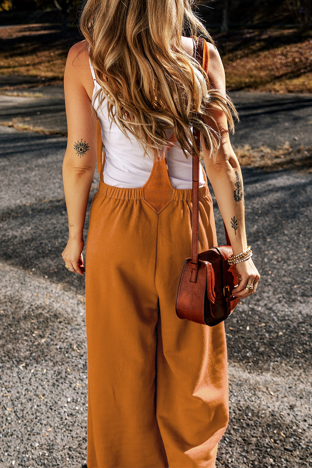 Brown Knotted Straps Patch Pocket Wide Leg Jumpsuit - LA Grand