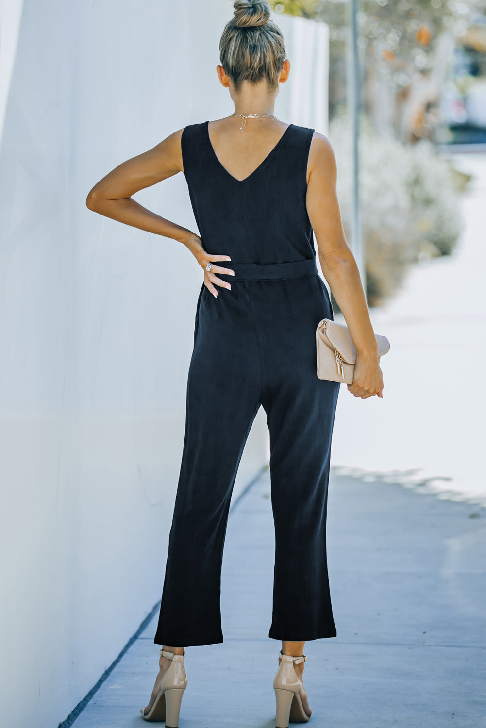 Black V Neck Button Belted Jumpsuit with Pockets - LA Grand