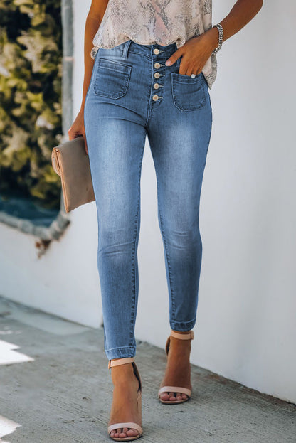 Dark Blue Button Fly Skinny Jeans with Pockets - LA Grand