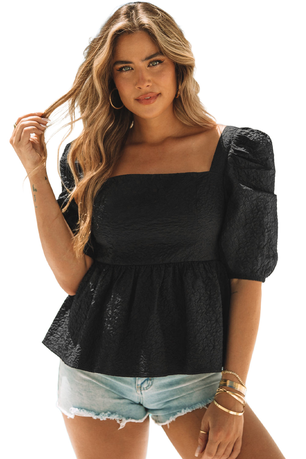 Black Textured Square Neck Puff Sleeve Peplum Blouse - LA Grand