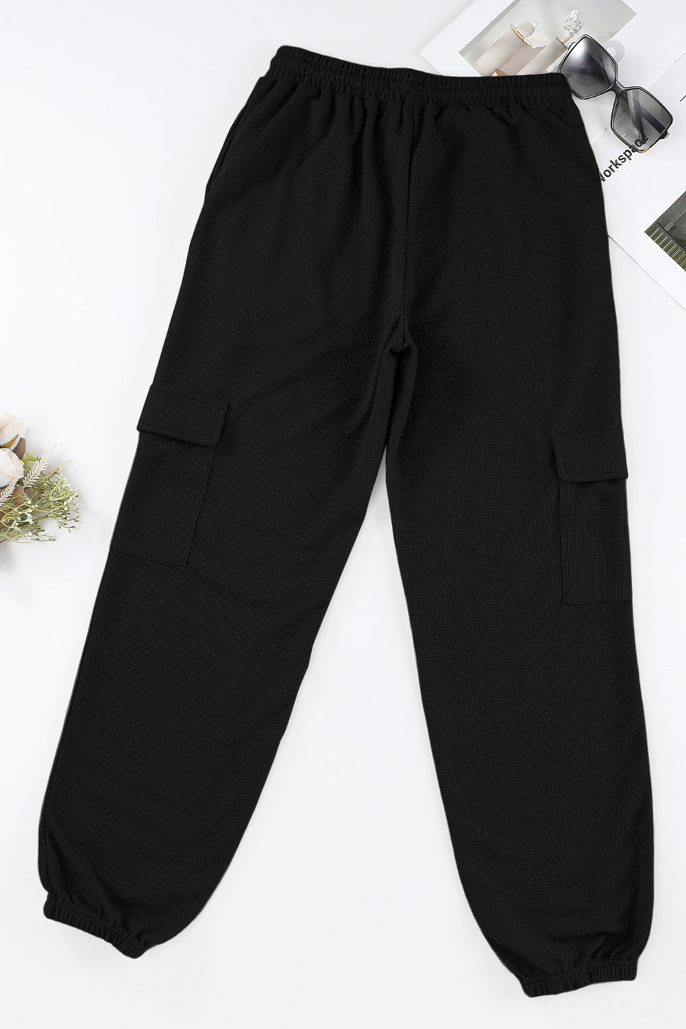 Black Waffle Texture Cargo Pocket Jogger Pants - LA Grand