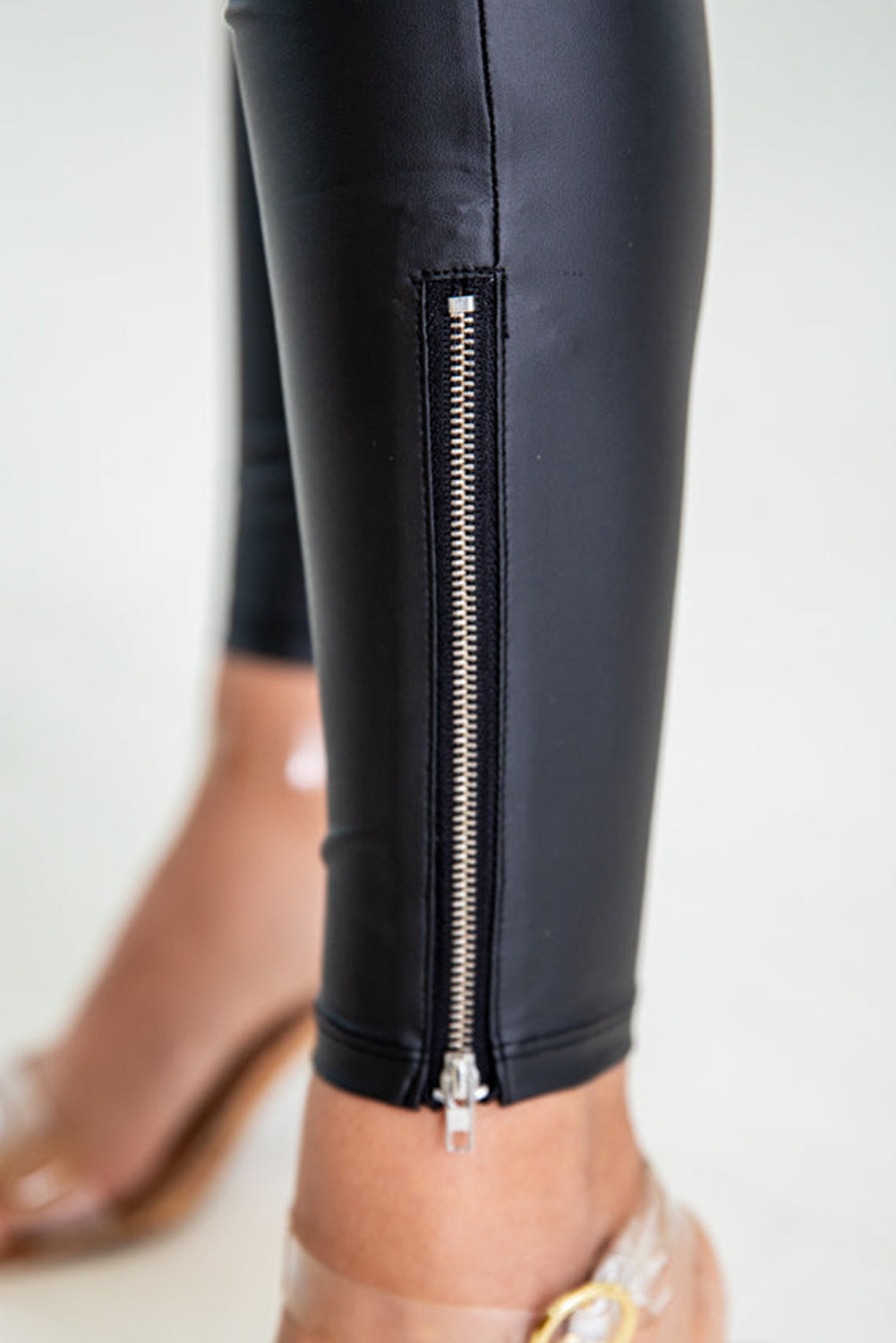 Black Faux Leather Zipped Detail Leggings - LA Grand