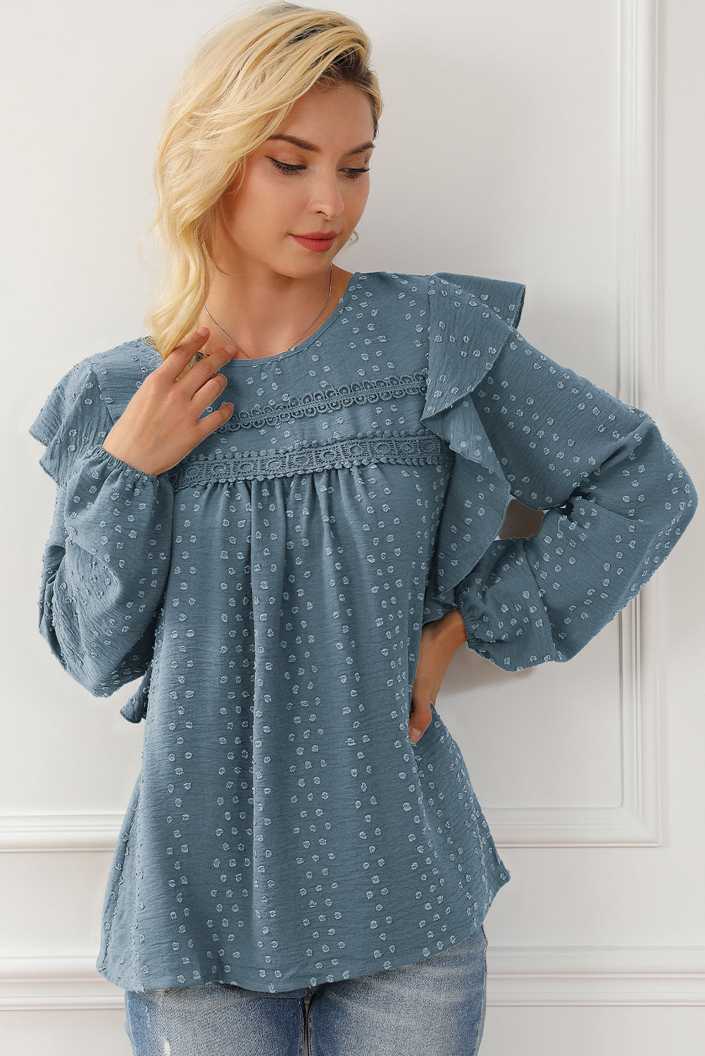 Sky Blue Lace Eyelet Ruffle Shoulder Long Sleeve Blouse - LA Grand