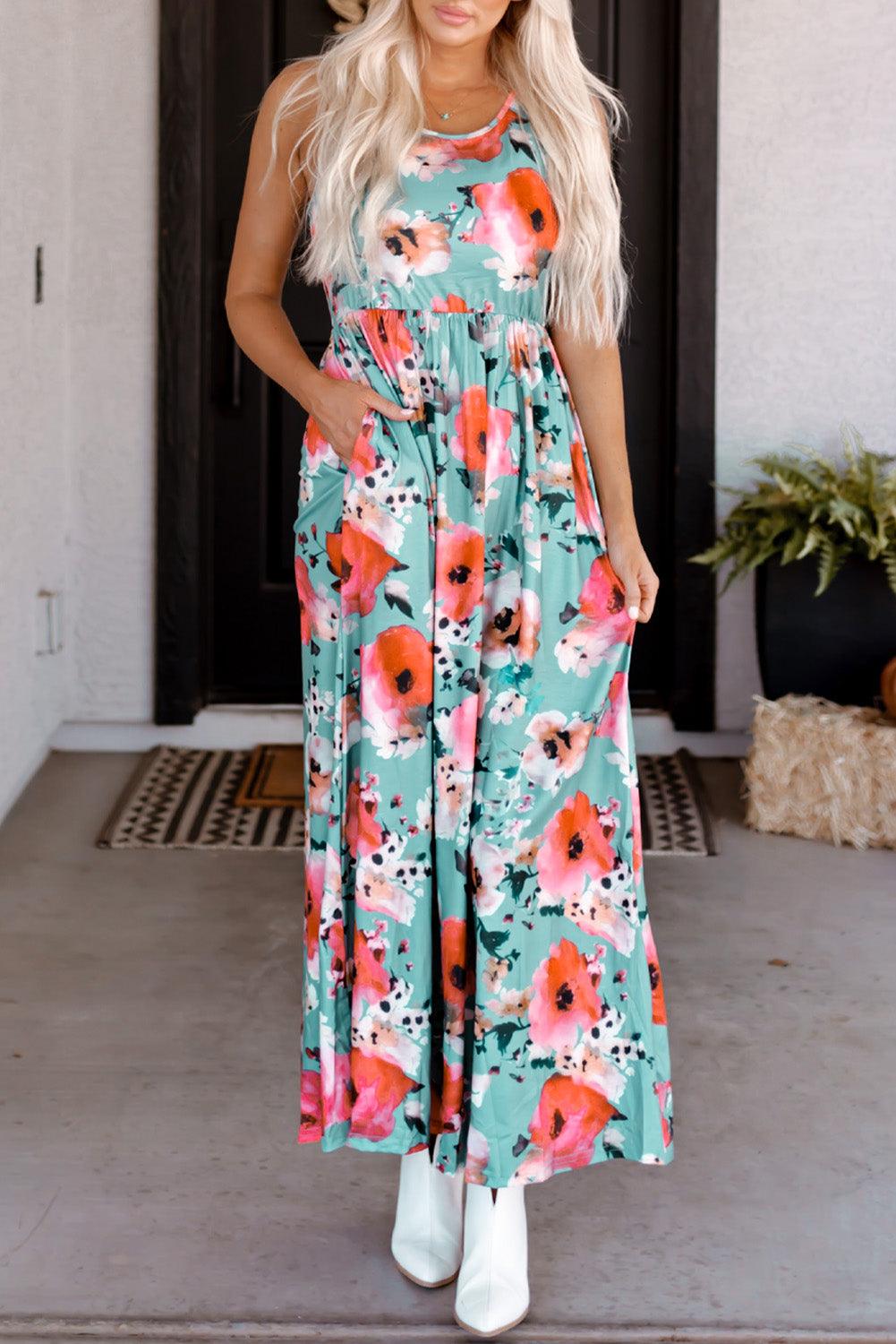 Sky Blue Boho Print Sleeveless High Waist Long Floral Dress - LA Grand