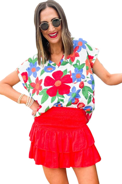 Flower Print Chest Pocket V Neck Blouse - LA Grand