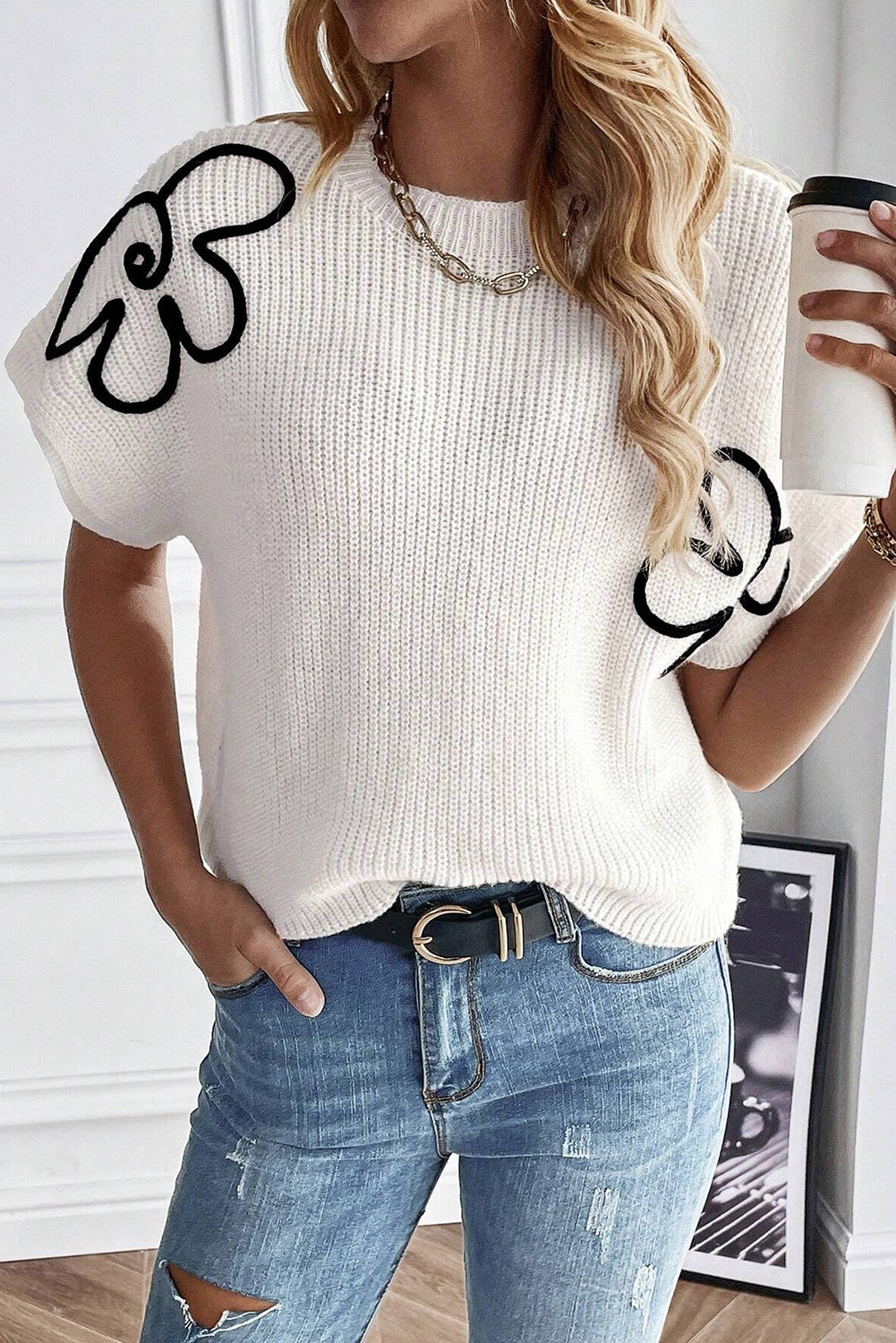 White Flower Embroidery Sweater Tee - LA Grand