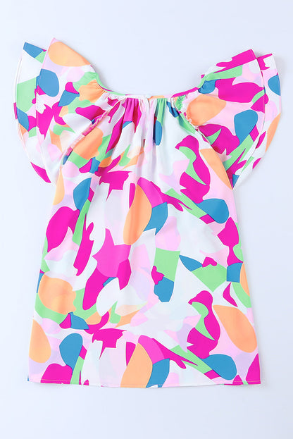 Purple Abstract Pattern Ruffle Short Sleeves Blouse - LA Grand