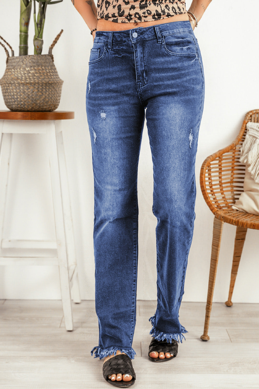 Blue Raw Hem Straight Leg Jeans - LA Grand