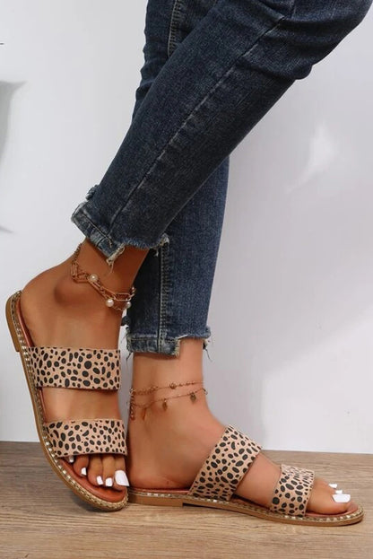 Leopard Double Straps Flat Slippers - LA Grand