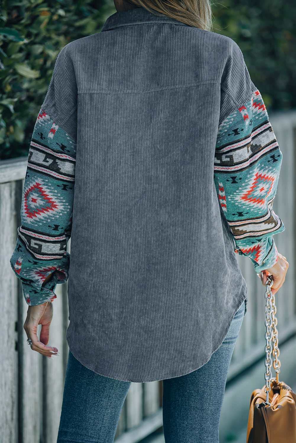 Aztec Pattern Sleeve Pocketed Corduroy Shacket - LA Grand