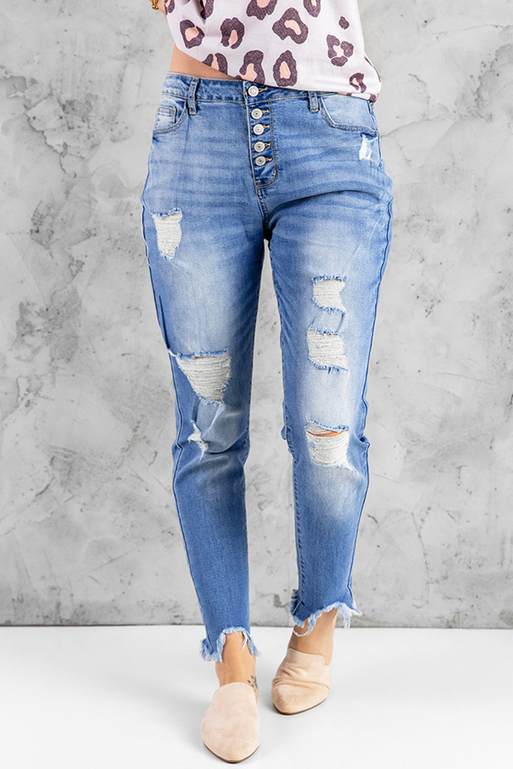 Blue High Rise Button Front Frayed Ankle Skinny Jeans - LA Grand