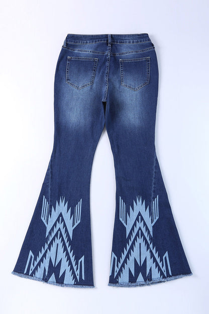 Blue Western Pattern High Rise Flare Jeans - LA Grand