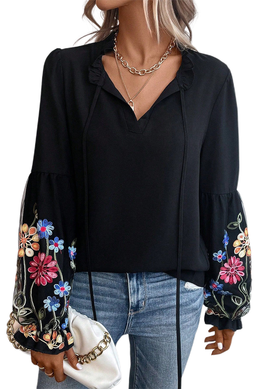 Black Floral Patched Flounce Sleeve Split Neck Blouse - LA Grand