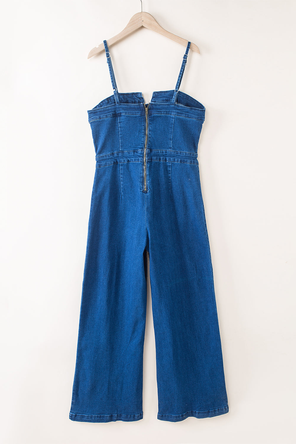 Blue Spaghetti Straps Notch V Denim Jumpsuit - LA Grand