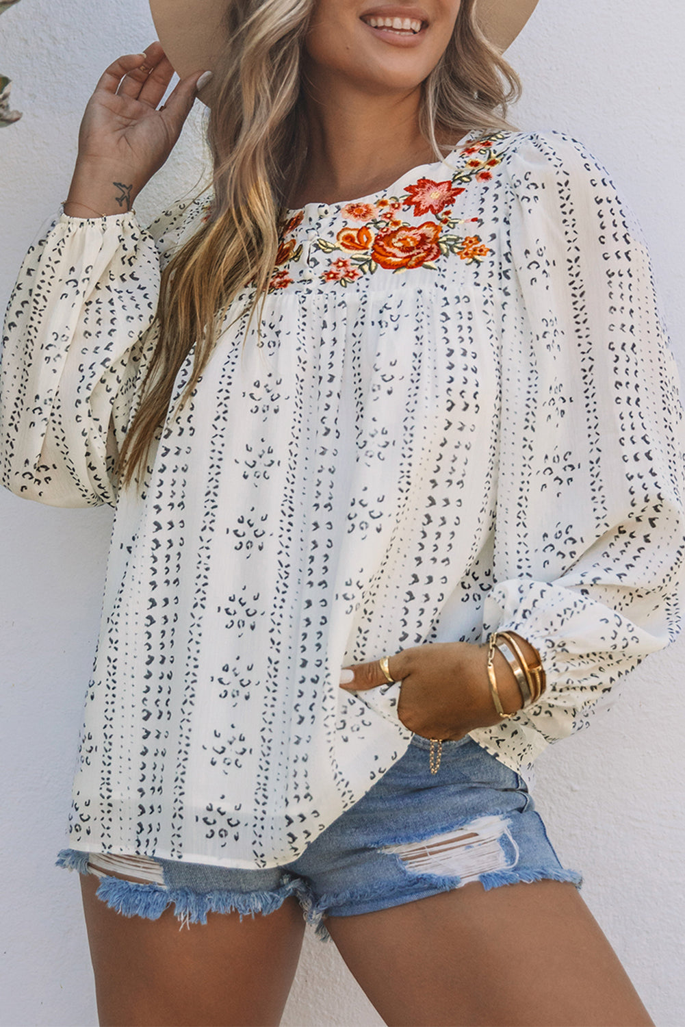 Beige Long Sleeve Embroidered Print Blouse - LA Grand