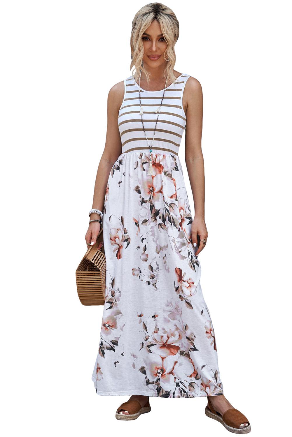 White Striped Floral Print Sleeveless Maxi Dress with Pocket - LA Grand