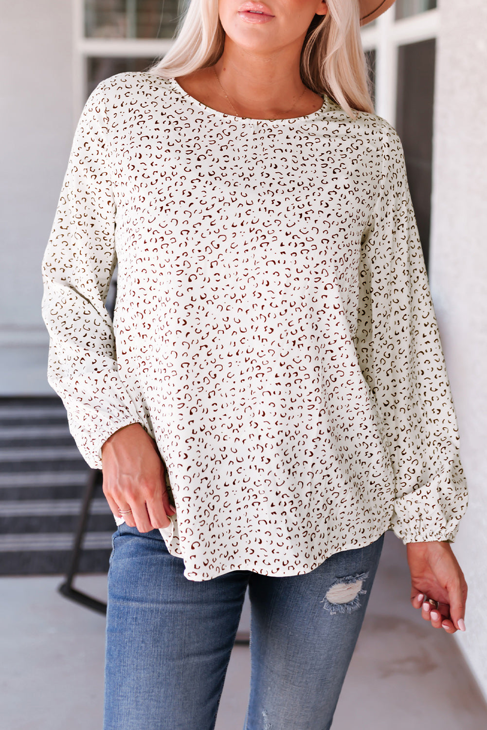 Leopard Crew Neck Long Sleeve Blouse - LA Grand