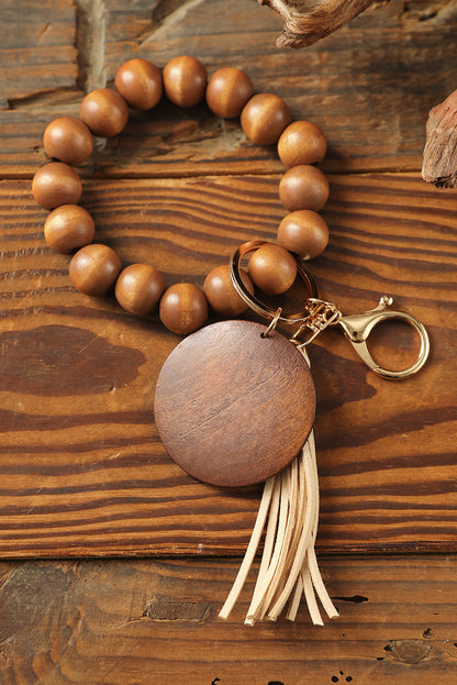 Brown Wood Beads Bracelet Tassel Keyring - LA Grand