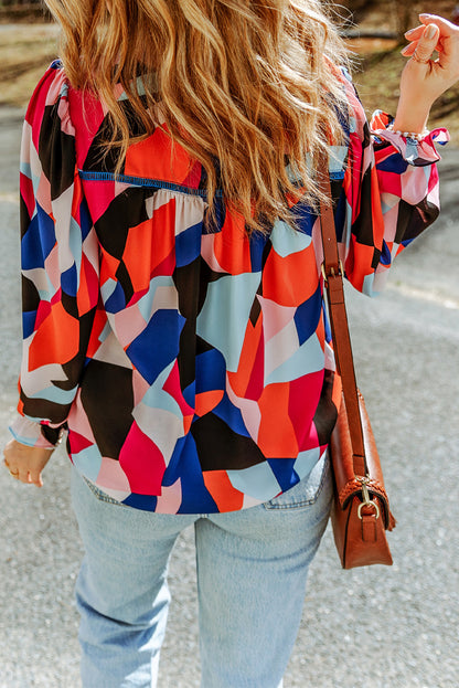 Abstract Pattern Crewneck Ruffled Puff Sleeve Blouse - LA Grand