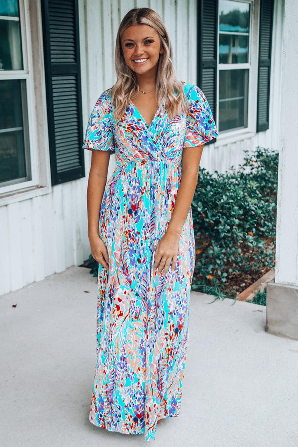 Green Wrap V Neck Floral Maxi Dress - LA Grand