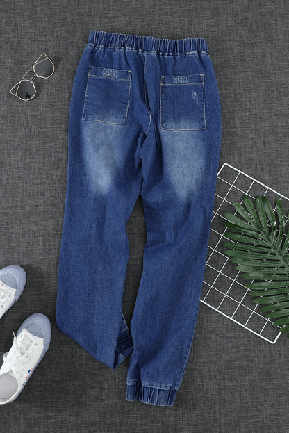 Blue Pocketed Distressed Denim Joggers - LA Grand