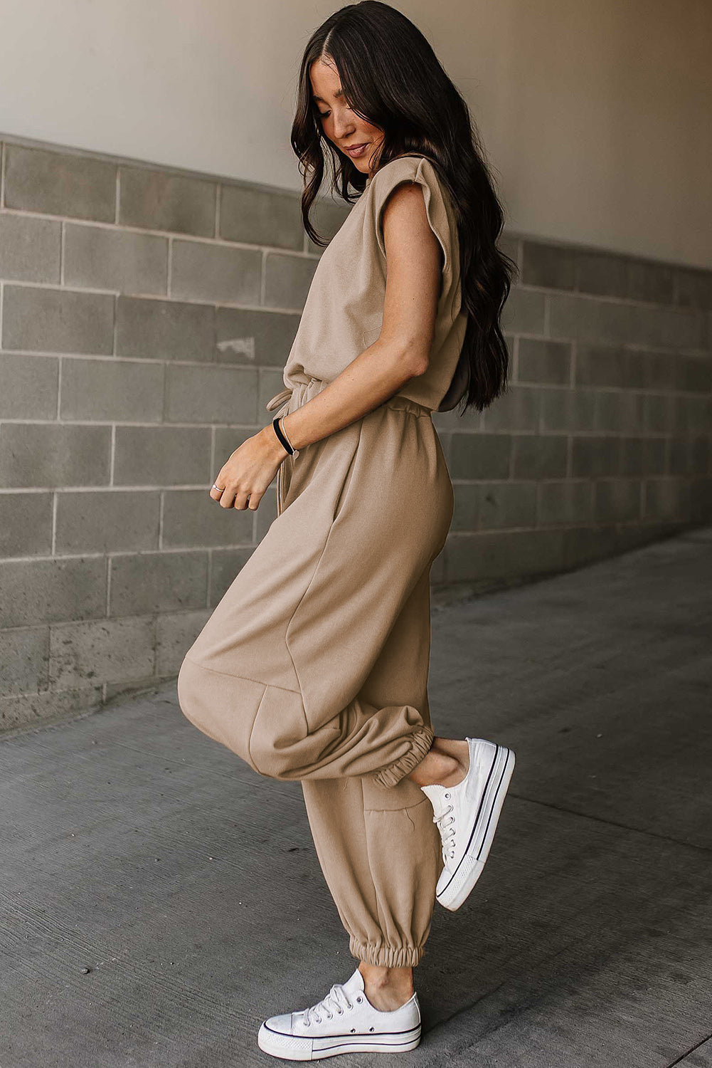 Light French Beige Cap Sleeve Open Back Drawstring Jogger Jumpsuit - LA Grand