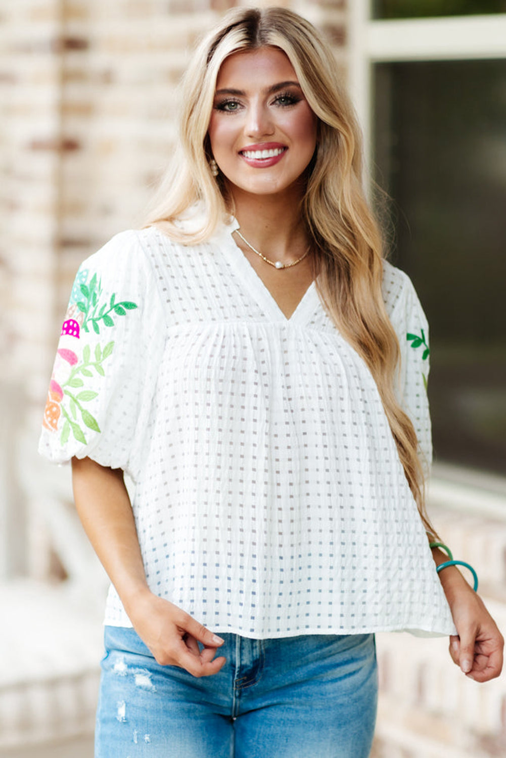 White Floral Embroidered Puff Sleeve Notched Neck Blouse - LA Grand