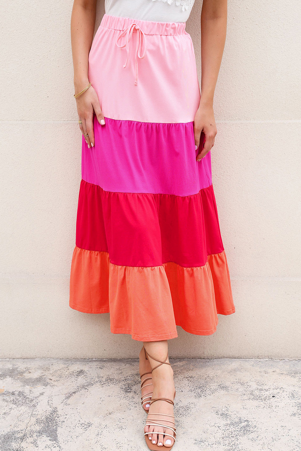 Pink Color Block Tiered Drawstring High Waist Maxi Skirt - LA Grand