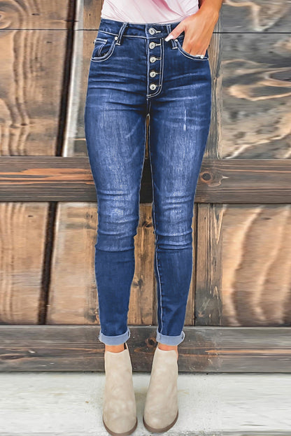 Blue High Rise Skinny Button Fly Jeans - LA Grand