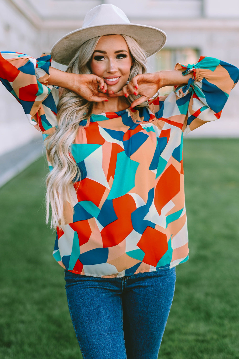 Abstract Pattern Crewneck Ruffled Puff Sleeve Blouse - LA Grand