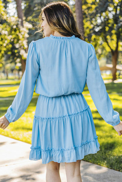 Light Blue V Neck Long Sleeve Ruffle Tiered Mini Dress - LA Grand