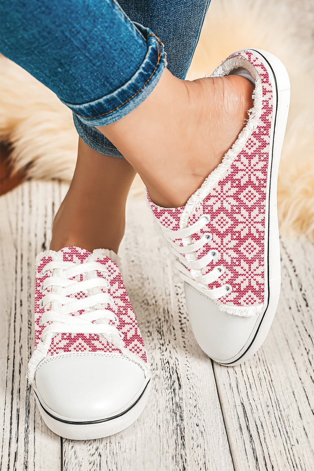 Strawberry Pink Snowflake Printed Frayed Lace-up Slip-on Shoes - LA Grand