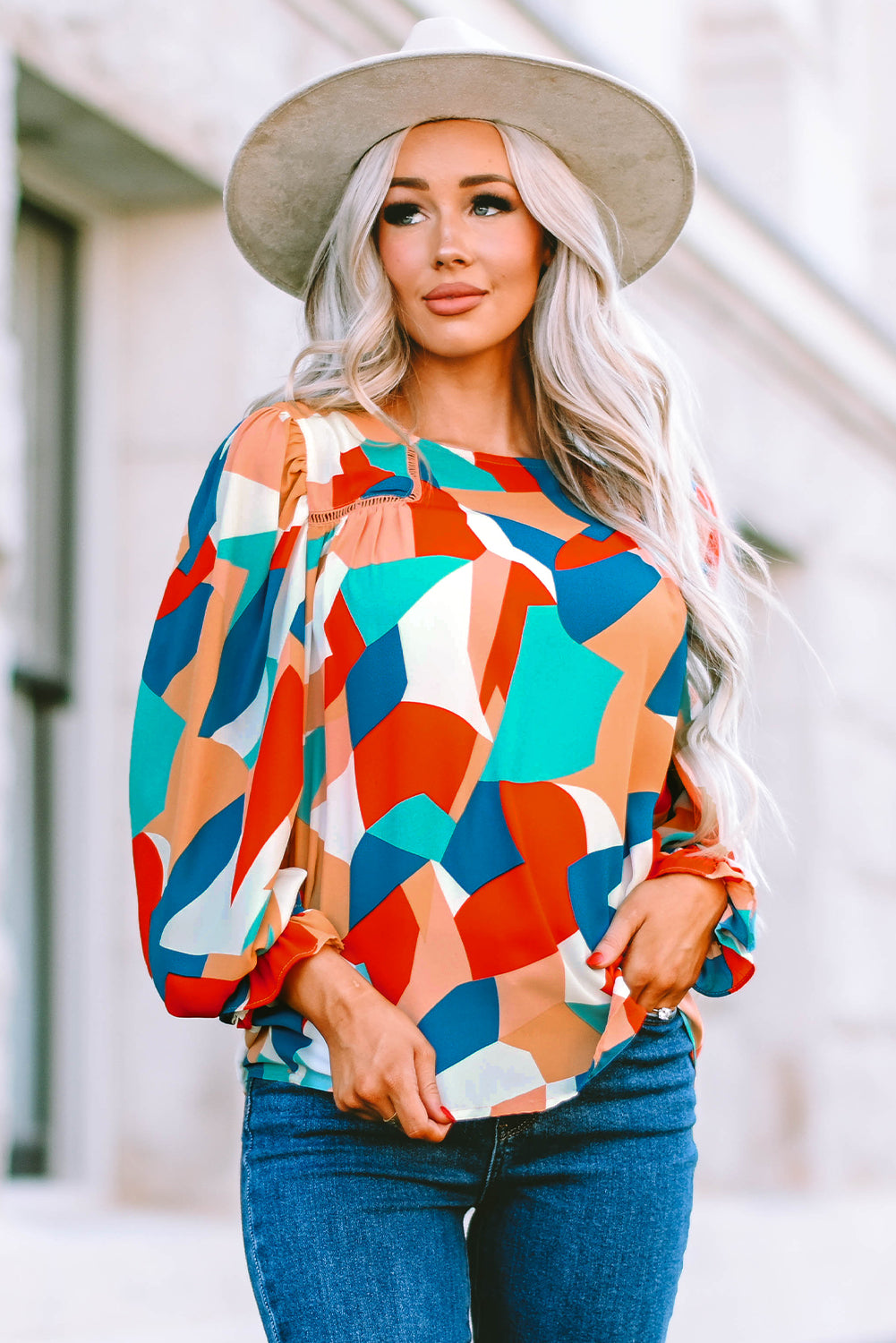 Abstract Pattern Crewneck Ruffled Puff Sleeve Blouse - LA Grand