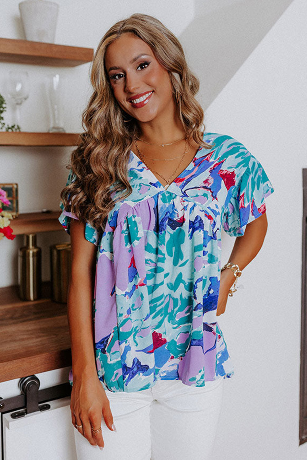 Sky Blue Abstract Print V Neck Flutter Sleeve Blouse - LA Grand