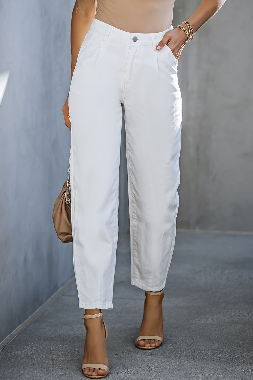 Khaki Solid High Waist Casual Pants - LA Grand