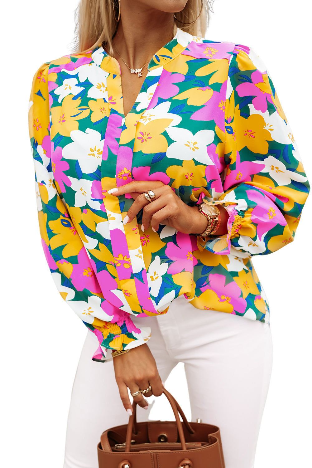 Multicolor Magenta Gold Floral V Neck Lantern Sleeve Blouse - LA Grand