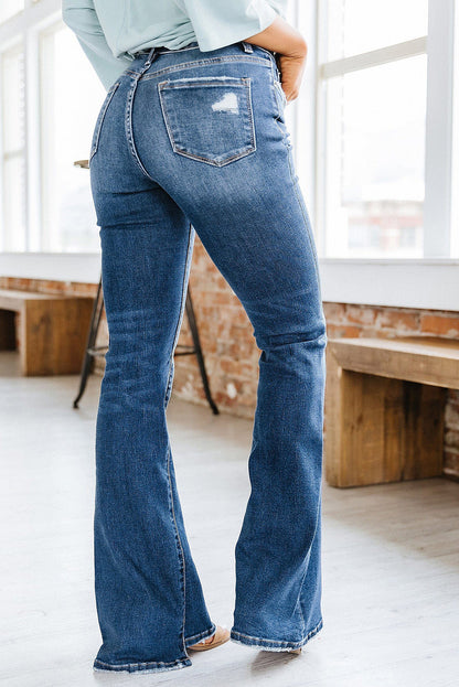 Sky Blue Medium Wash High Rise Flare Jeans - LA Grand