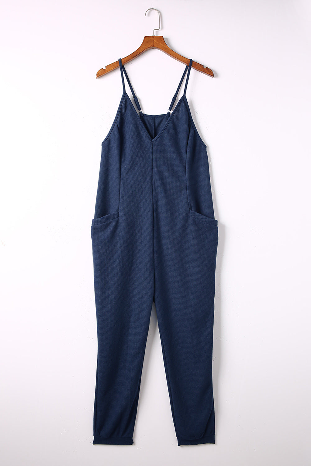 Blue Textured Sleeveless V-Neck Pocketed Casual Jumpsuit - LA Grand