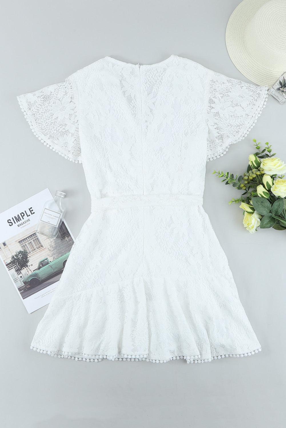 White Flutter Sleeve Wrap V Neck Floral Lace Short Dress - LA Grand