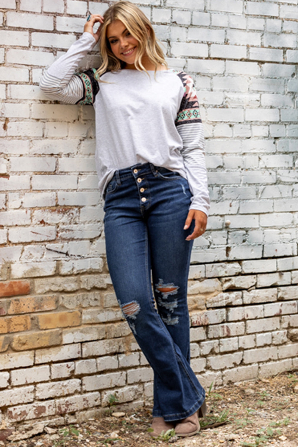 Dark Washed Distressed Flare Bottom Jeans - LA Grand