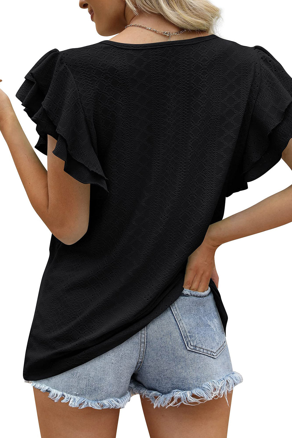 Black Rhombus Textured Ruffle Short Sleeve Blouse - LA Grand