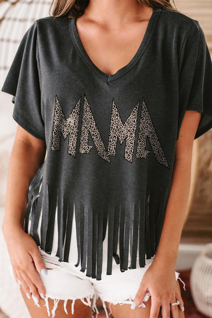 Black Leopard MAMA Fringed Hem Top - LA Grand