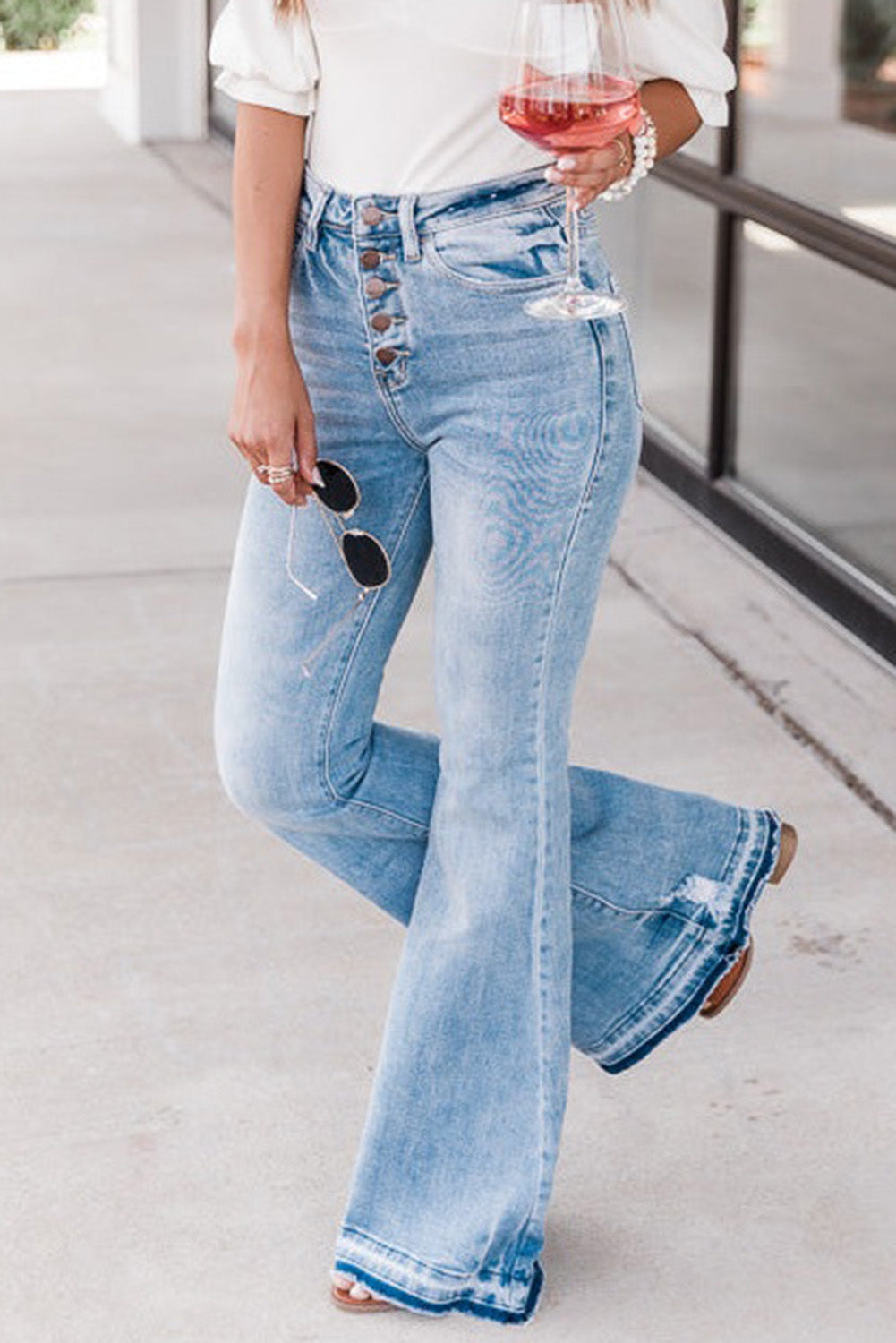 Sky Blue High Waist Buttoned Distressed Flared Jeans - LA Grand